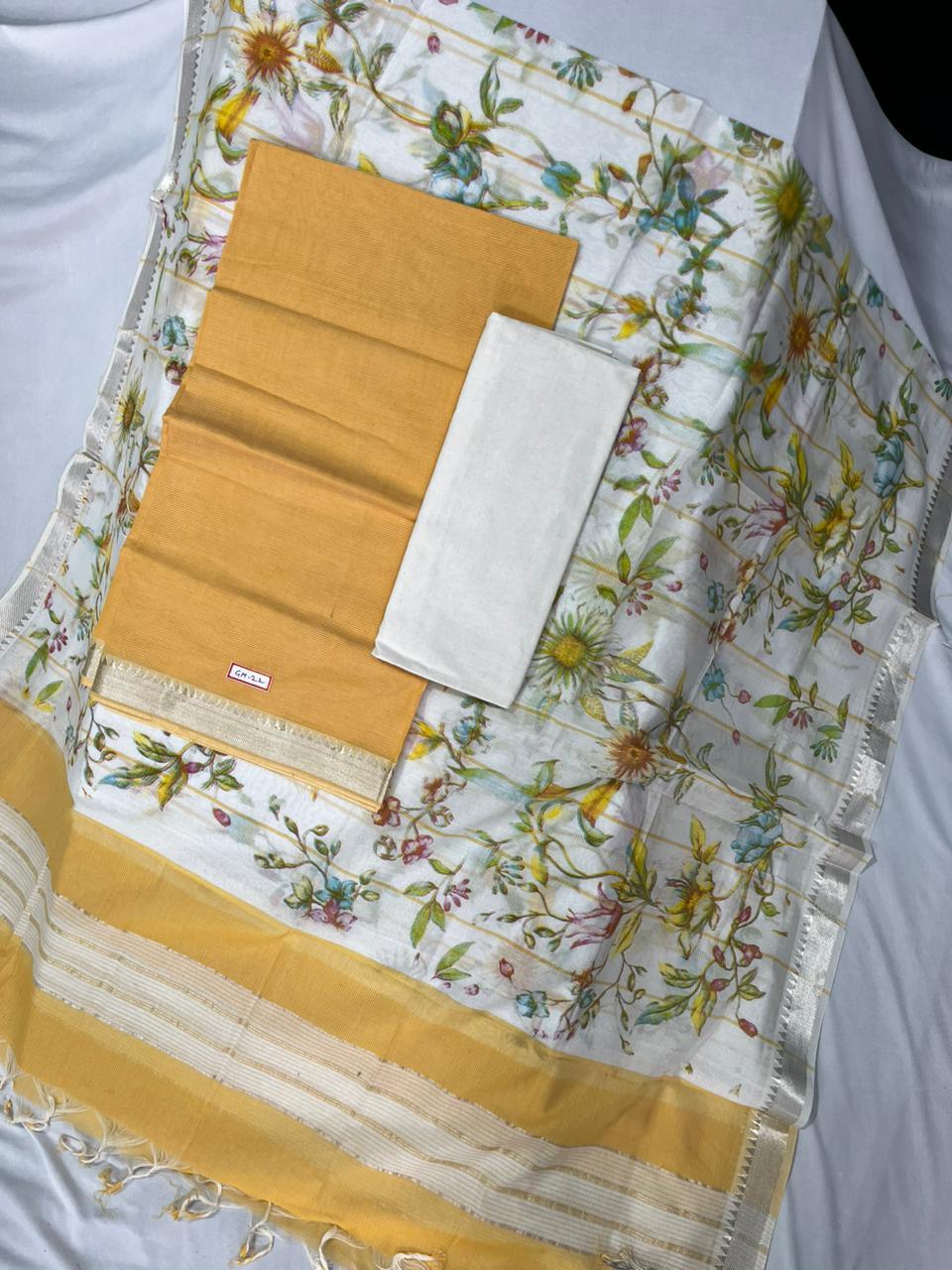 Mangalagiri Cotton Dress Material with White Chunni with Gold Colour