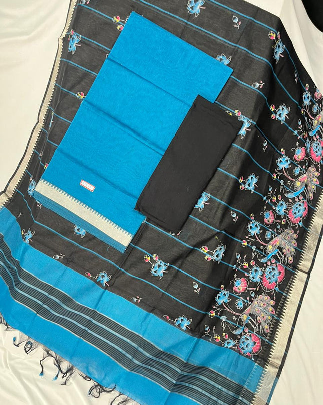 Mangalagiri Cotton Dress Material with Black Chunni with Sky Blue Colour