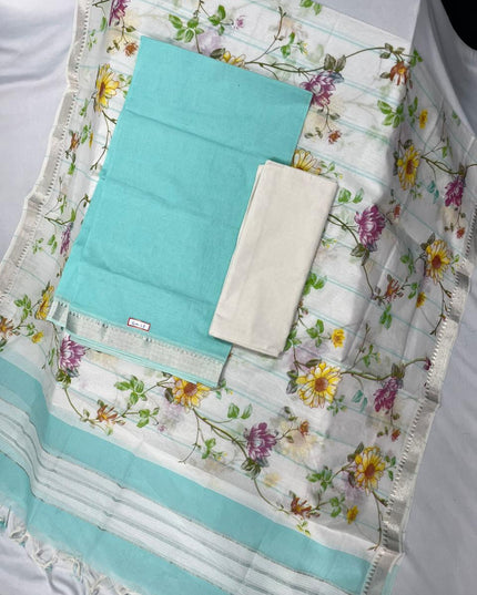 Mangalagiri Cotton Dress Material with White Chunni with Cyan Colour