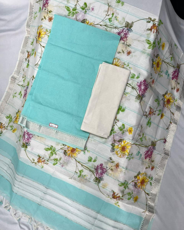 Mangalagiri Cotton Dress Material with White Chunni with Cyan Colour