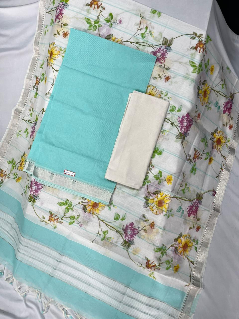 Mangalagiri Cotton Dress Material with White Chunni with Cyan Colour