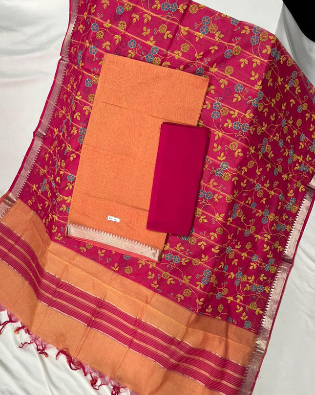 Mangalagiri Cotton Dress Material with Red Chunni with Brown Colour