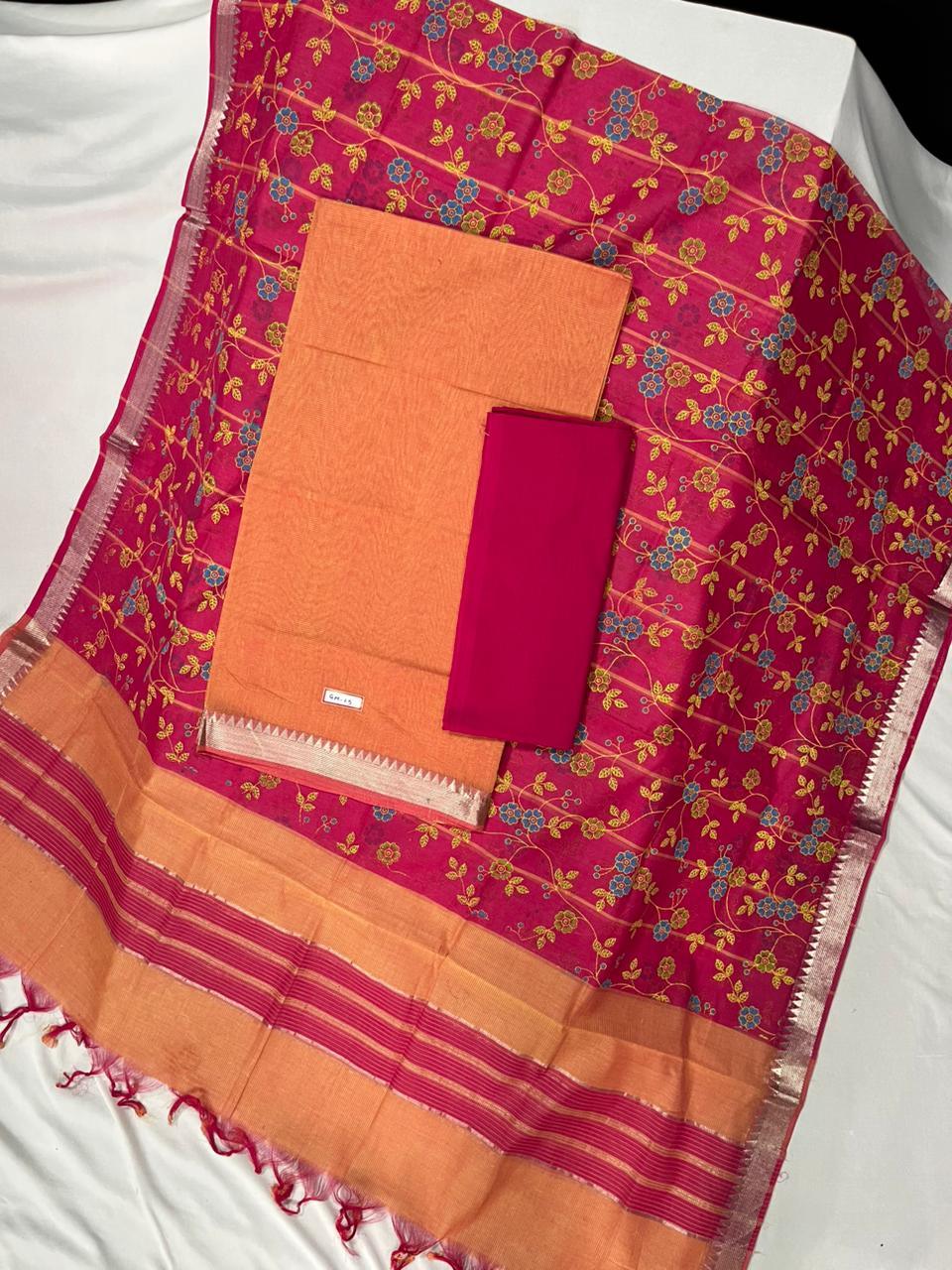 Mangalagiri Cotton Dress Material with Red Chunni with Brown Colour