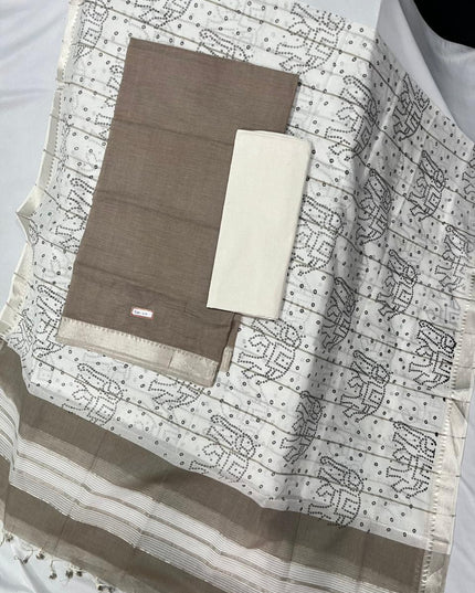 Mangalagiri Cotton Dress Material with White Chunni with Brownish Gray Colour