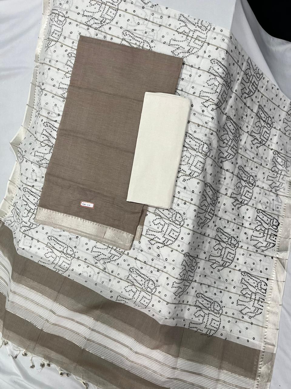 Mangalagiri Cotton Dress Material with White Chunni with Brownish Gray Colour