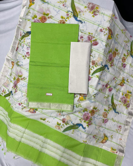 Mangalagiri Cotton Dress Material with White Chunni with Green Colour