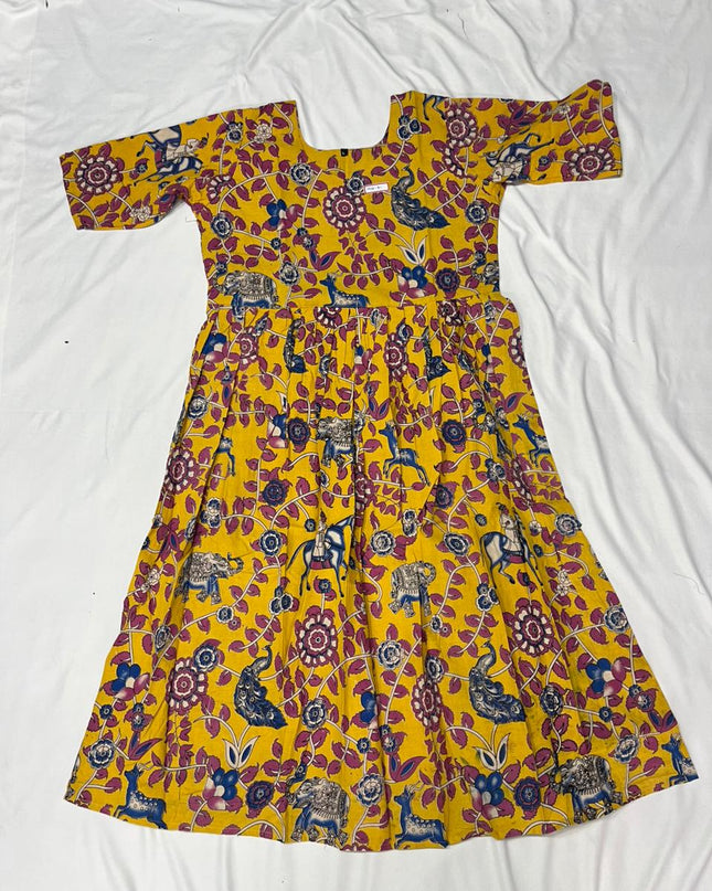 Kalamkari Design Frock – Yellow Colour | Handloom Ethnic Wear with Half Lining