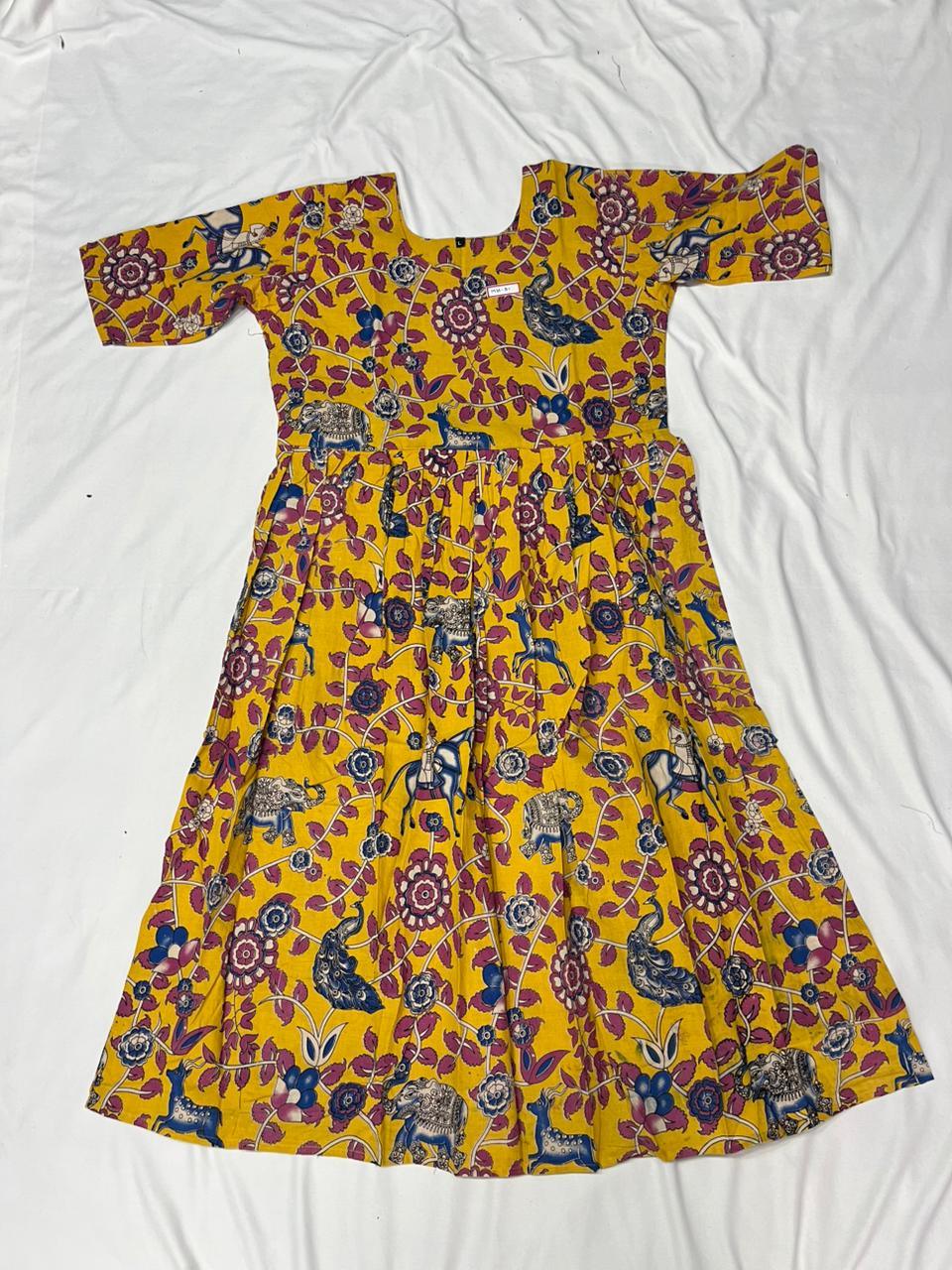 Kalamkari Design Frock – Yellow Colour | Handloom Ethnic Wear with Half Lining
