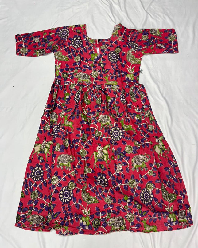 Kalamkari Design Frock – Red Colour | Handloom Ethnic Wear with Half Lining