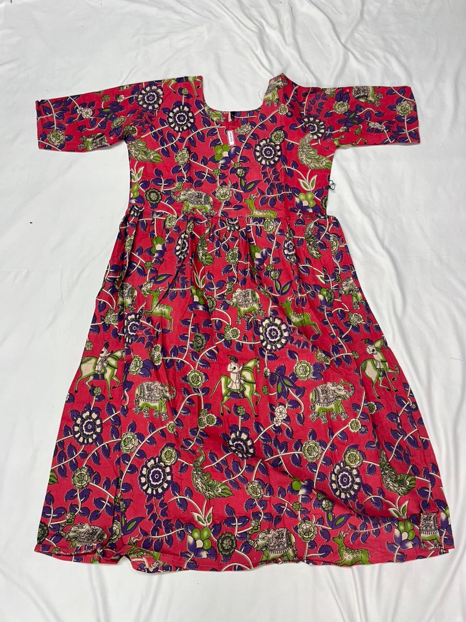 Kalamkari Design Frock – Red Colour | Handloom Ethnic Wear with Half Lining