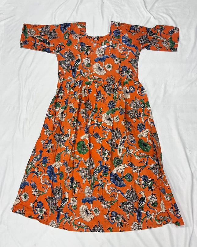 Kalamkari Design Frock – Orange Colour | Handloom Ethnic Wear with Half Lining