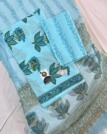 Jaipur Hand Block Print Cotton Dress Material with Kota Dupatta – Light SkyBlue Color | Bhavana Handlooms