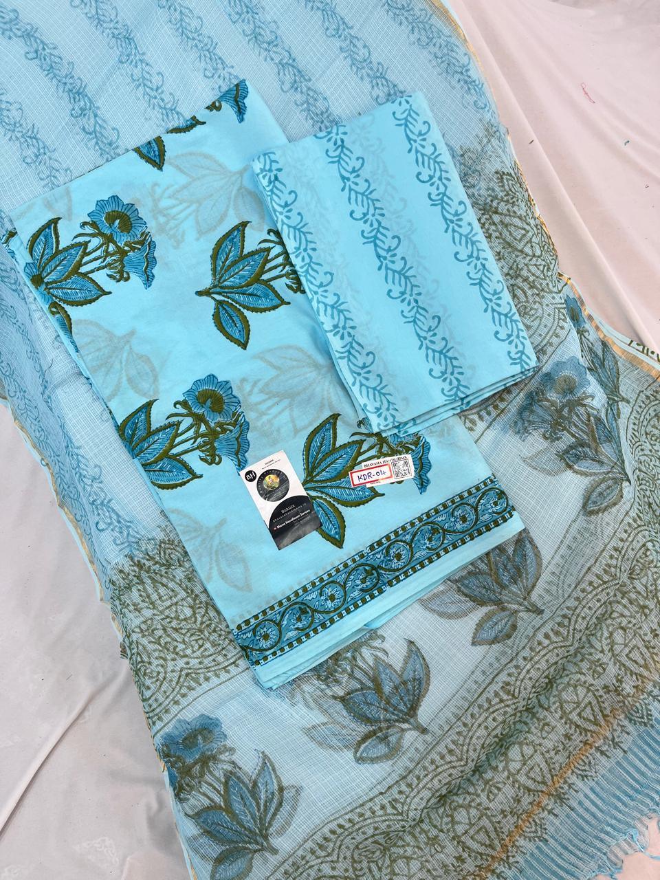 Jaipur Hand Block Print Cotton Dress Material with Kota Dupatta – Light SkyBlue Color | Bhavana Handlooms