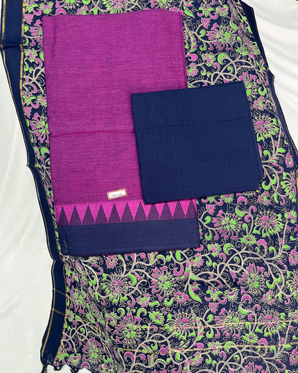 Handloom Cotton Dress Material – Purple & Dark Blue Color | Bhavana Handlooms
