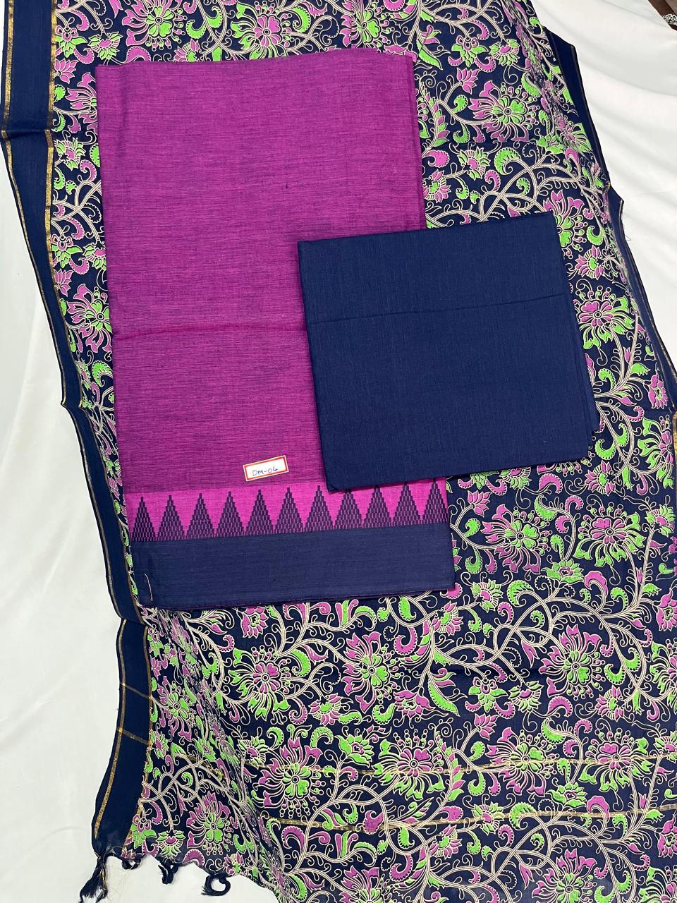 Handloom Cotton Dress Material – Purple & Dark Blue Color | Bhavana Handlooms