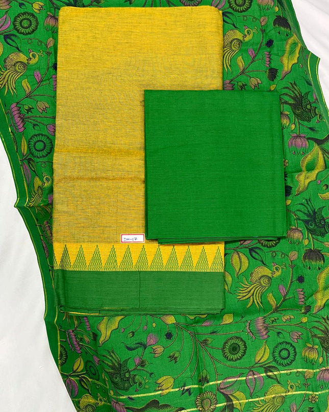 Handloom Cotton Dress Material – Yellow & Green Color | Bhavana Handlooms