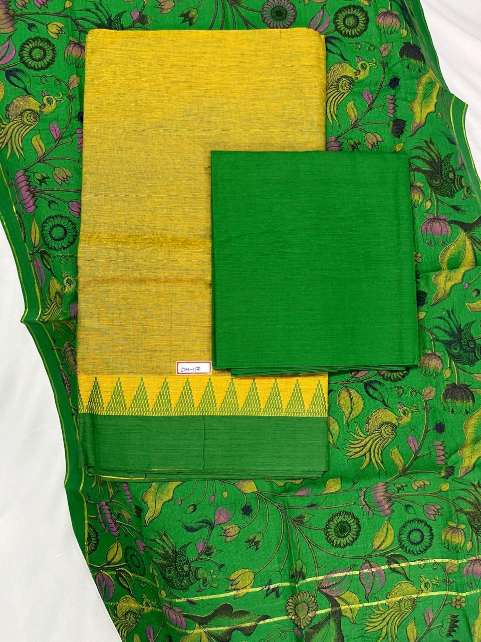 Handloom Cotton Dress Material – Yellow & Green Color | Bhavana Handlooms