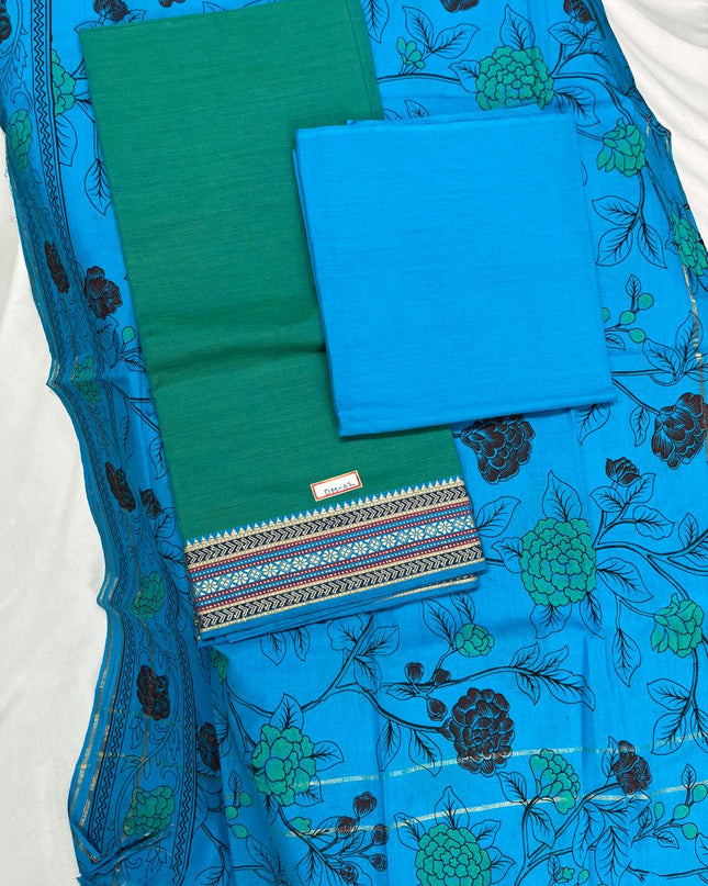 Handloom Cotton Dress Material – Sea Green & Sky Blue Color | Bhavana Handlooms