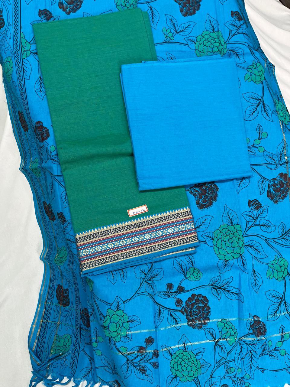 Handloom Cotton Dress Material – Sea Green & Sky Blue Color | Bhavana Handlooms