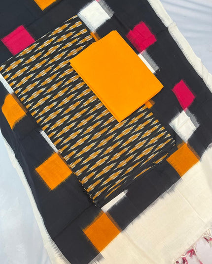 Pochampally - Ikkath Handloom Cotton Dress Material – Black & Yellow Color | Bhavana Handlooms