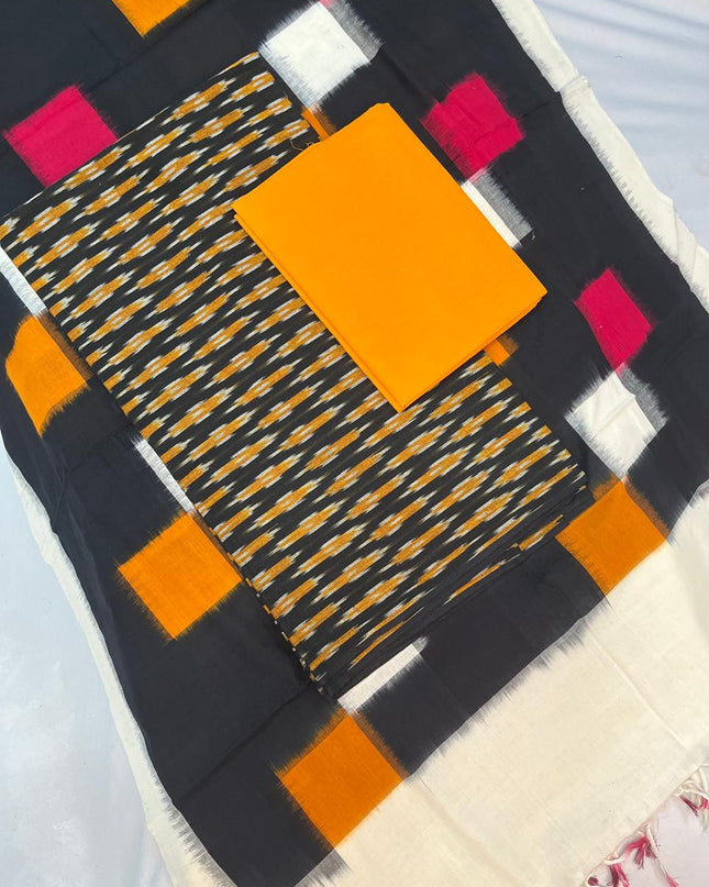 Pochampally - Ikkath Handloom Cotton Dress Material – Black & Yellow Color | Bhavana Handlooms