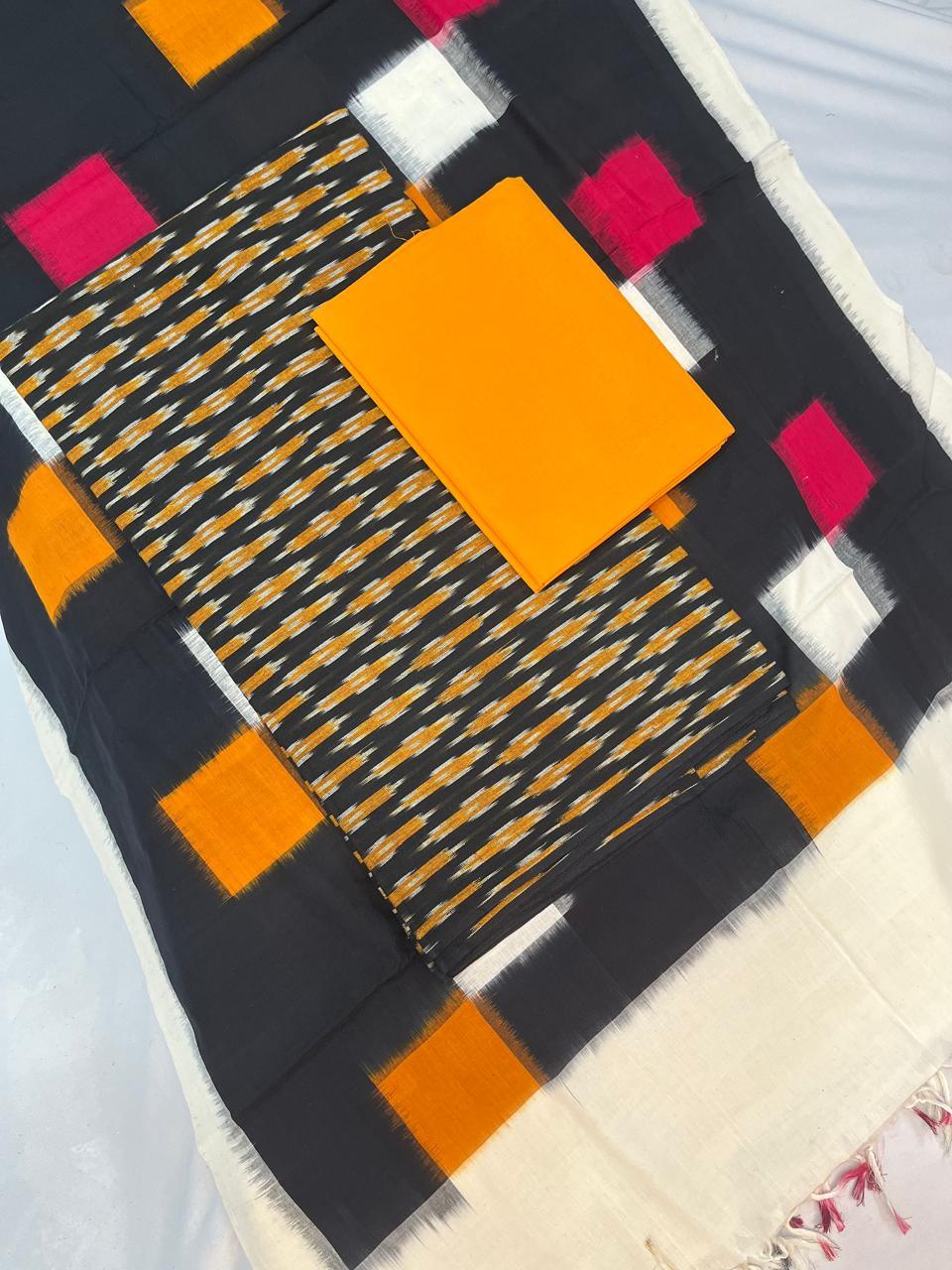 Pochampally - Ikkath Handloom Cotton Dress Material – Black & Yellow Color | Bhavana Handlooms