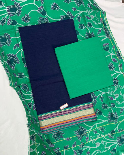 Handloom Cotton Dress Material – Lux Green & Dark Blue Color | Bhavana Handlooms