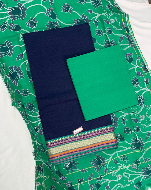Handloom Cotton Dress Material – Lux Green & Dark Blue Color | Bhavana Handlooms