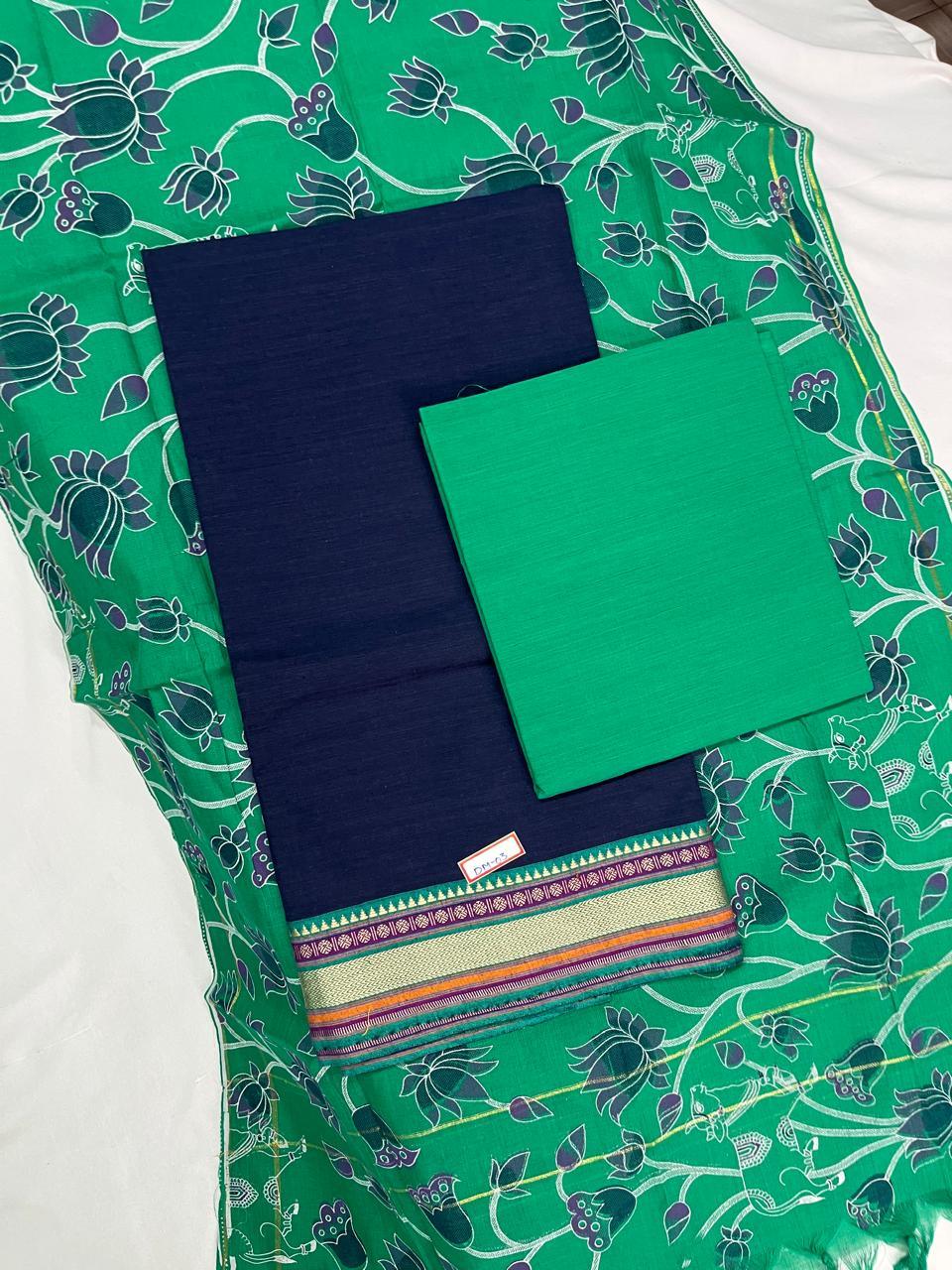 Handloom Cotton Dress Material – Lux Green & Dark Blue Color | Bhavana Handlooms