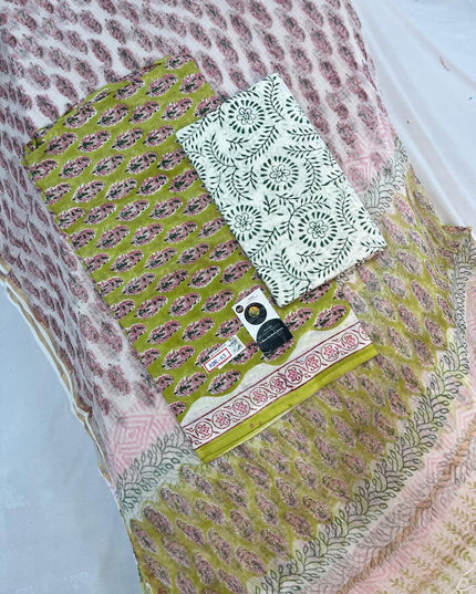 Jaipur Hand Block Print Cotton Dress Material with Kota Dupatta – Light Orange Color | Bhavana Handlooms