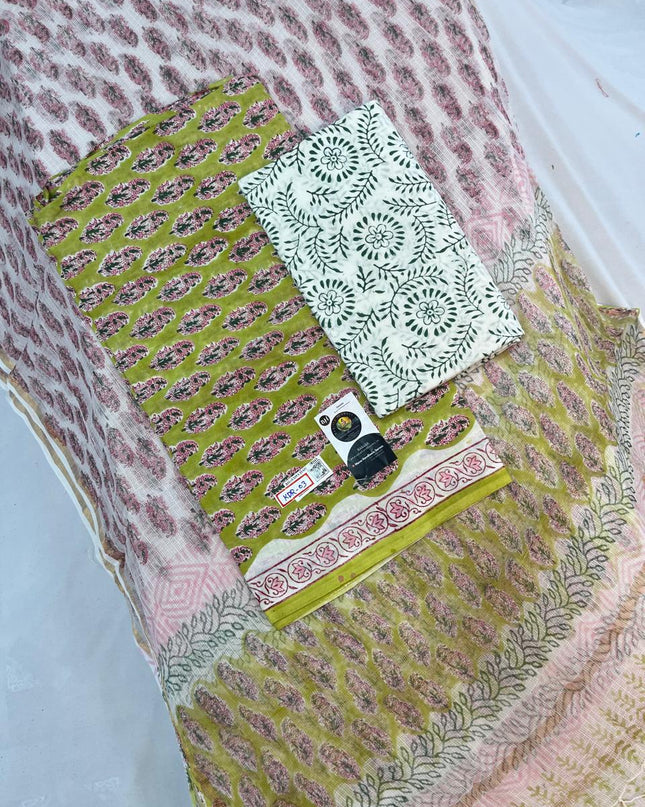 Jaipur Hand Block Print Cotton Dress Material with Kota Dupatta – Light Orange Color | Bhavana Handlooms