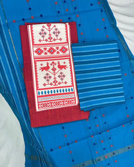 Printed Cotton Dress Material – Pink & Sky Blue Color | Bhavana Handlooms