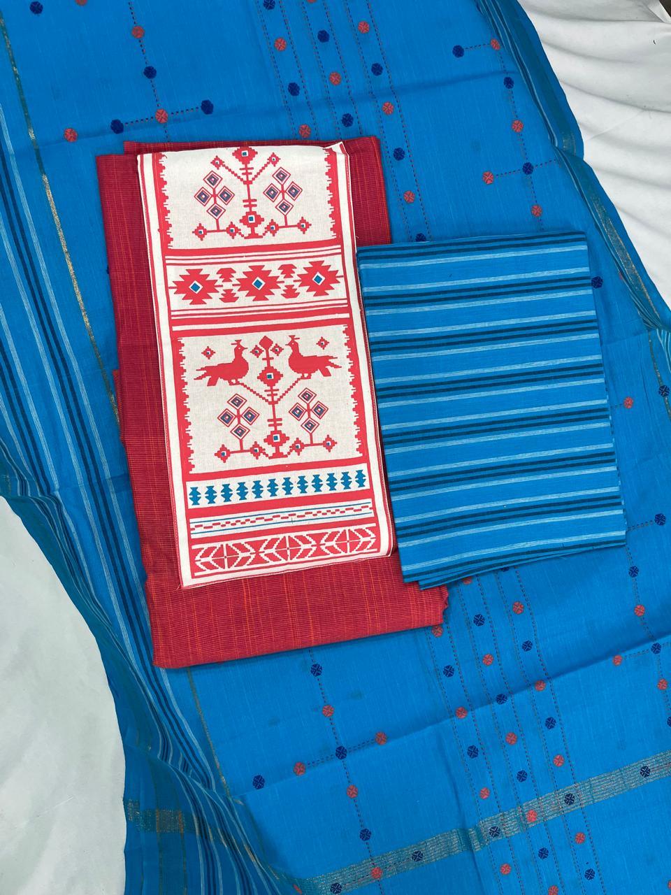 Printed Cotton Dress Material – Pink & Sky Blue Color | Bhavana Handlooms
