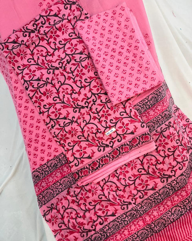 Jaipur Hand Block Print Cotton Dress Material – Pink Color | Bhavana Handlooms