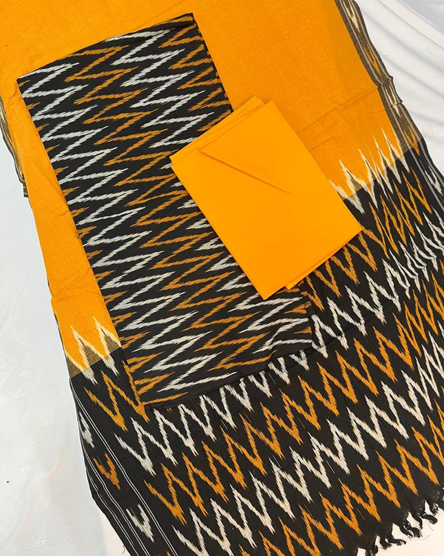 Pochampally - Ikkath Handloom Cotton Dress Material – Black & Yellow Color | Bhavana Handlooms