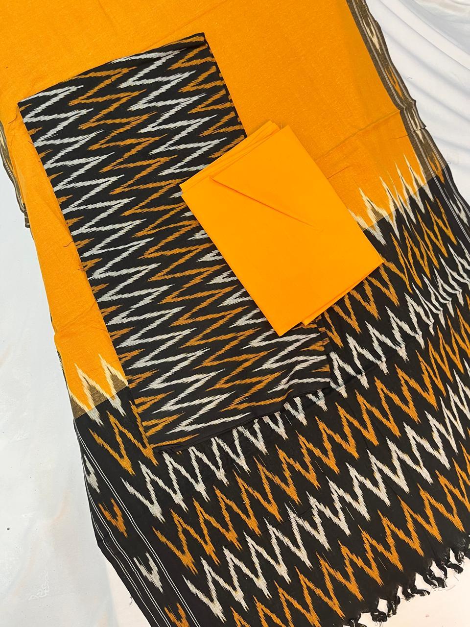 Pochampally - Ikkath Handloom Cotton Dress Material – Black & Yellow Color | Bhavana Handlooms