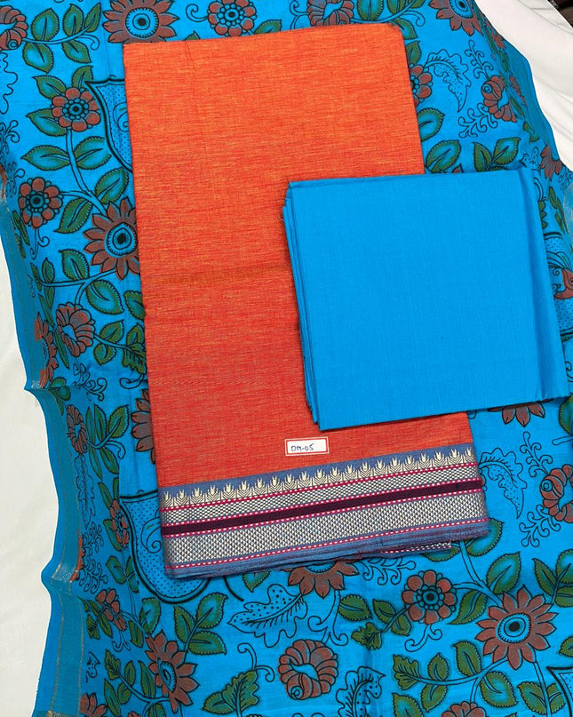 Handloom Cotton Dress Material – Orange & Sky Blue Color | Bhavana Handlooms