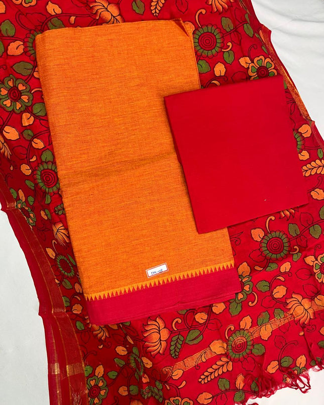 Handloom Cotton Dress Material – Red & Orange Musted Color | Bhavana Handlooms