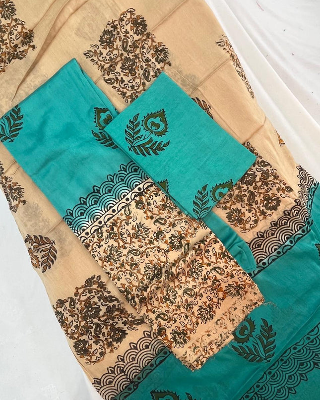 Muslin Silk Fabric Dress Material – Sea Green & Brown Color | Bhavana Handlooms