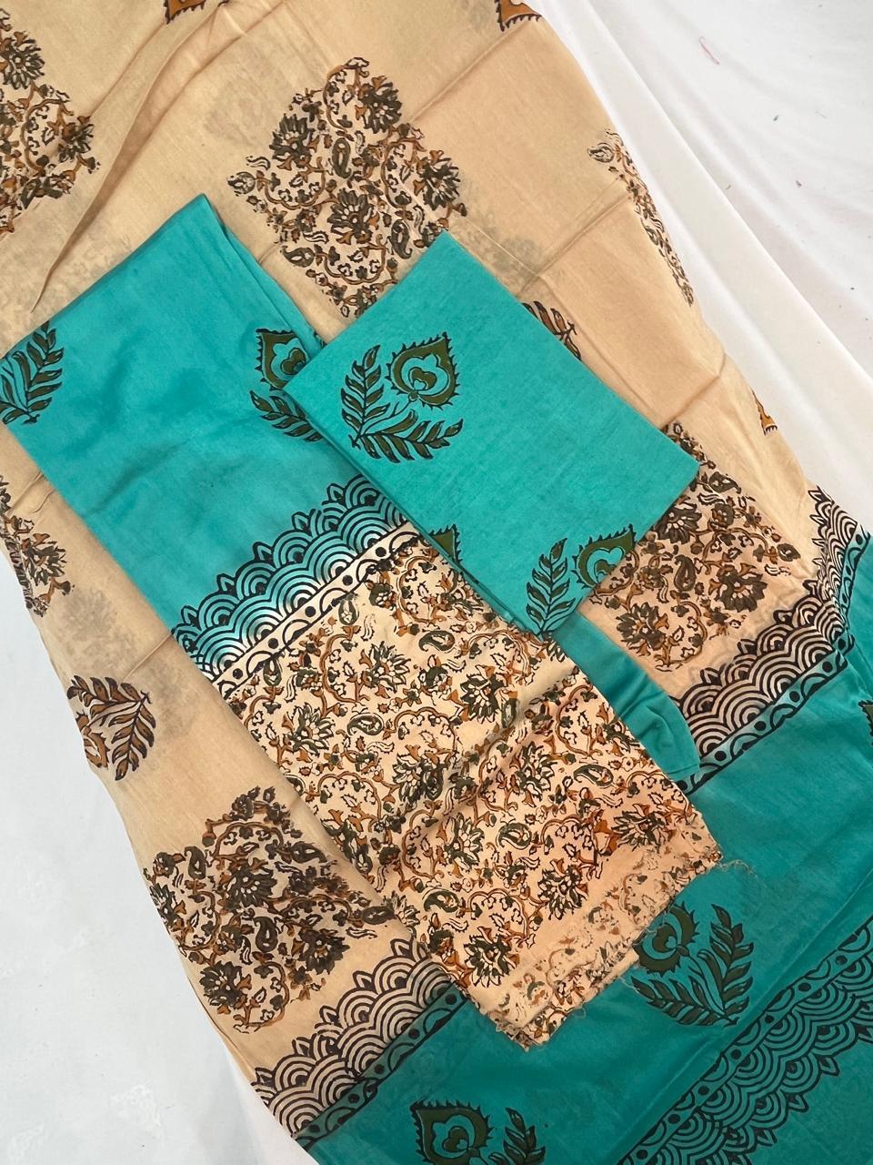 Muslin Silk Fabric Dress Material – Sea Green & Brown Color | Bhavana Handlooms