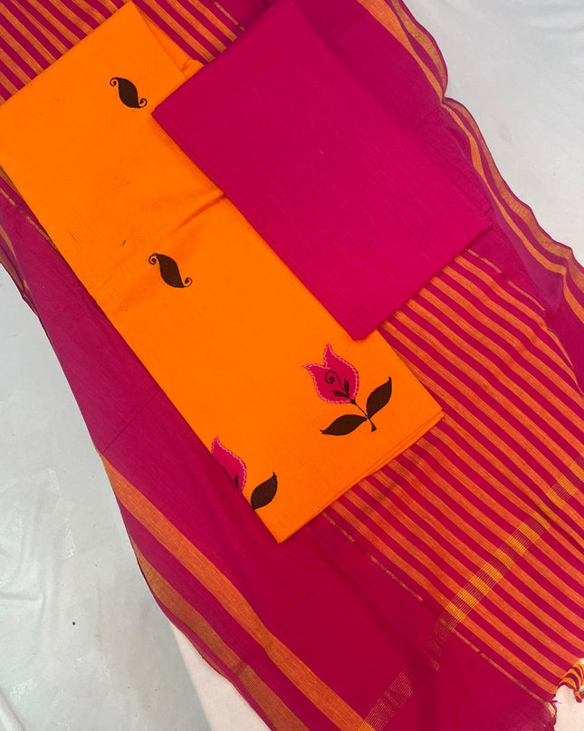 Patch Work Cotton Dress Material – Orange & Pink Color | Bhavana Handlooms