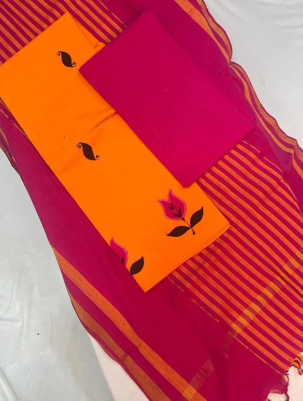 Patch Work Cotton Dress Material – Orange & Pink Color | Bhavana Handlooms