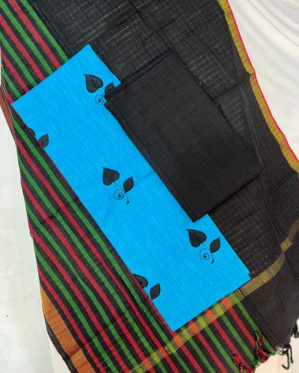 Patch Work Cotton Dress Material – Sky Blue & Black Color | Bhavana Handlooms