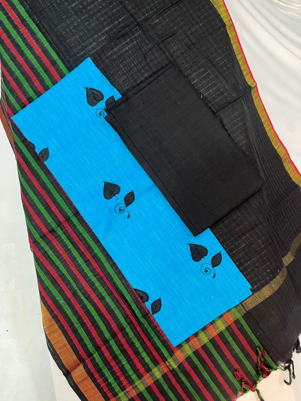 Patch Work Cotton Dress Material – Sky Blue & Black Color | Bhavana Handlooms