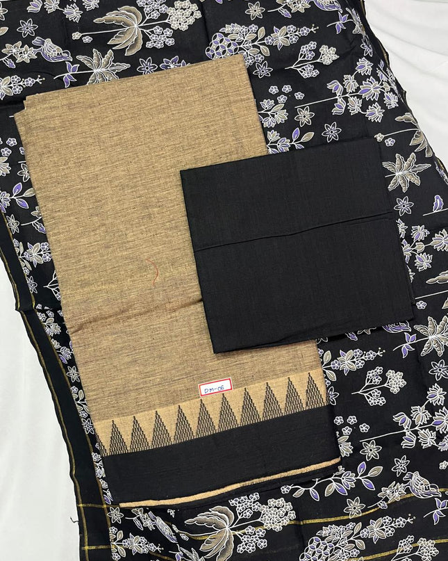 Handloom Cotton Dress Material – Black & Brown Color | Bhavana Handlooms