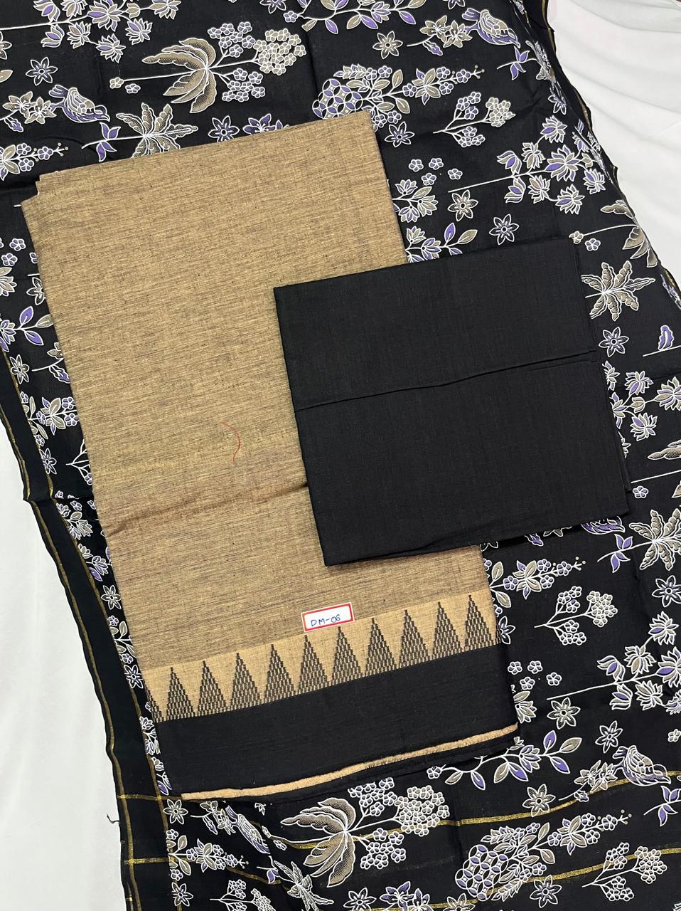 Handloom Cotton Dress Material – Black & Brown Color | Bhavana Handlooms
