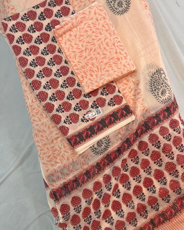 Jaipur Hand Block Print Cotton Dress Material – Light Orange Color | Bhavana Handlooms