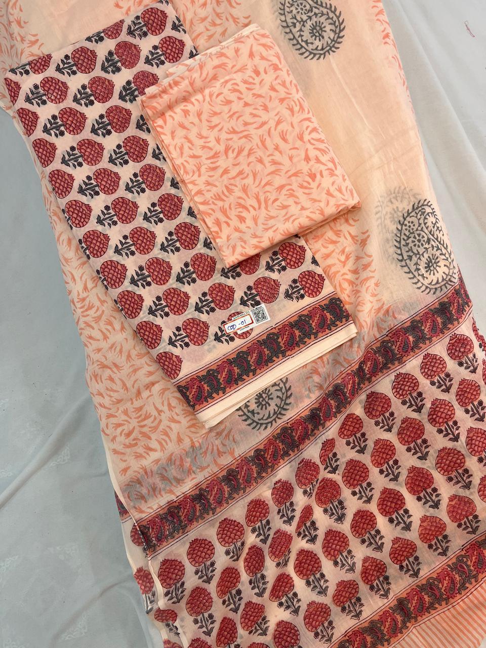 Jaipur Hand Block Print Cotton Dress Material – Light Orange Color | Bhavana Handlooms
