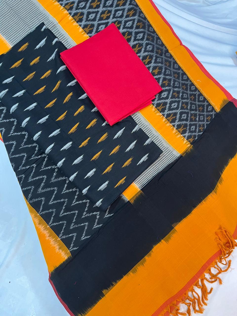 Pochampally - Ikkath Handloom Cotton Dress Material – Black & Yellow Color | Bhavana Handlooms