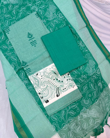 Printed Cotton Dress Material – Light Green Color | Bhavana Handlooms